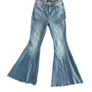 Judy Blue High-Rise Super Flare Jeans with Front Seam & Raw Hem – Size 11/30